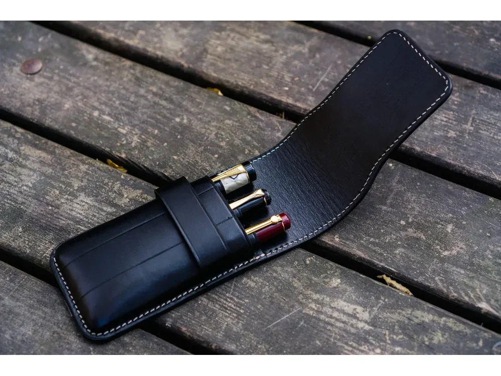 Galen Leather - Leather Flap Pen Case for 3 Pens - Black
