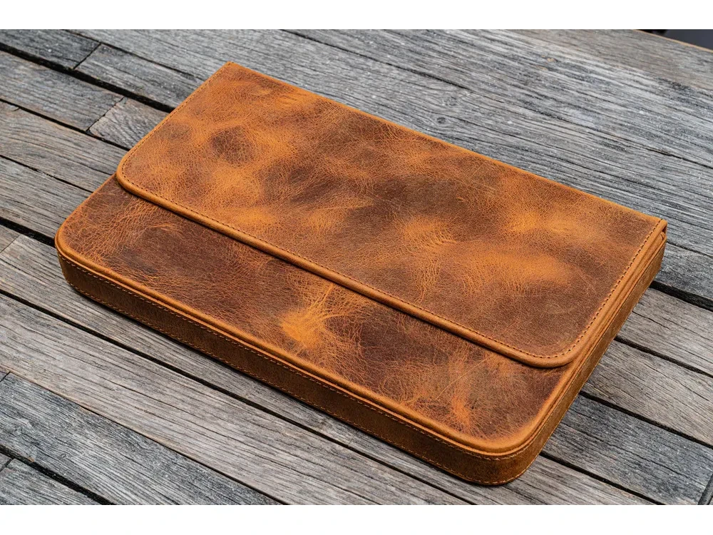 Galen Leather - Leather Magnum Opus 12 Slots Hard Pen Case with Removable Pen Tray - Crazy Horse Brown