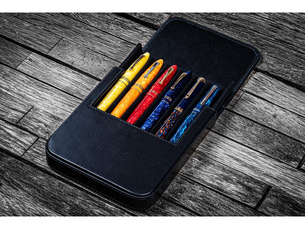 Galen Leather - Leather Magnum Opus 6 Slots Hard Pen Case with Removable Pen Tray - Black