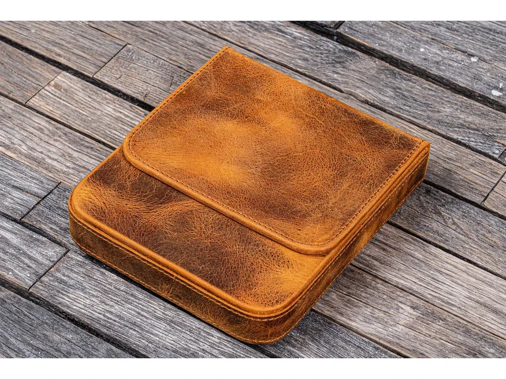 Galen Leather - Leather Magnum Opus 6 Slots Hard Pen Case with Removable Pen Tray - Crazy Horse Brown