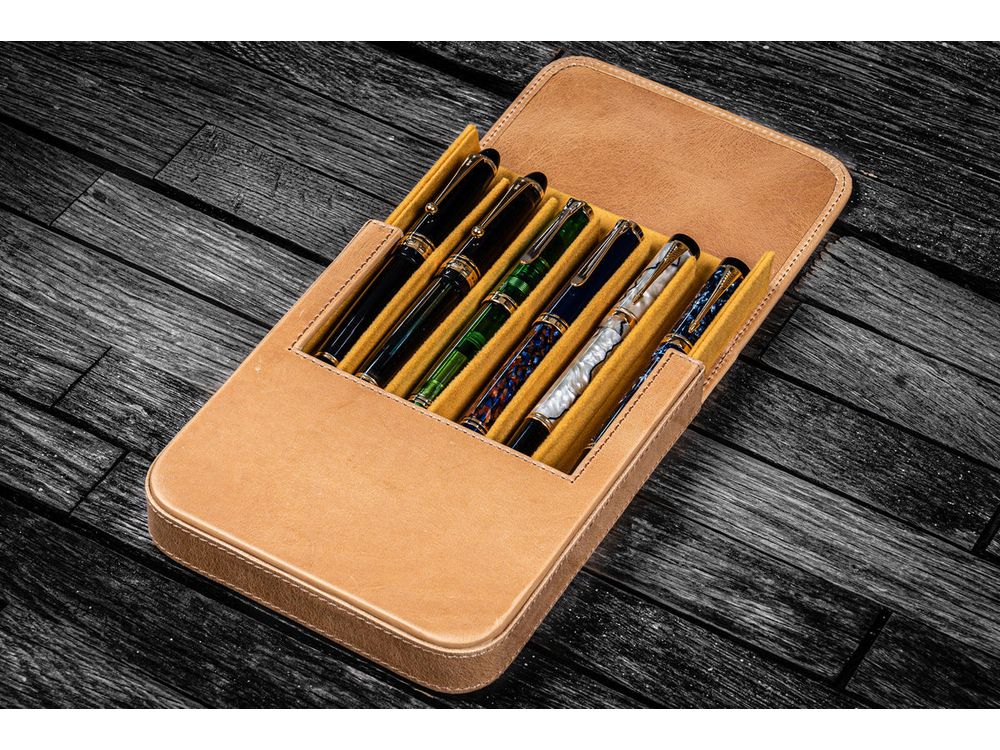 Galen Leather - Leather Magnum Opus 6 Slots Hard Pen Case with Removable Pen Tray - Crazy Horse Honey Ochre