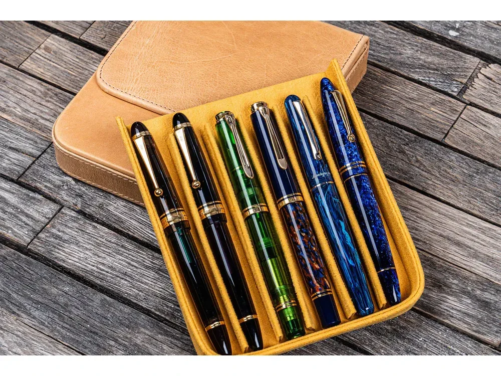 Galen Leather - Leather Magnum Opus 6 Slots Hard Pen Case with Removable Pen Tray - Crazy Horse Honey Ochre - Image 2
