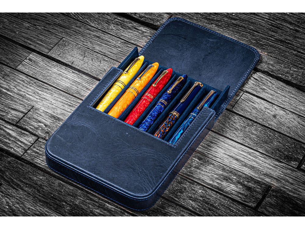 Galen Leather - Leather Magnum Opus 6 Slots Hard Pen Case with Removable Pen Tray - Crazy Horse Navy Blue