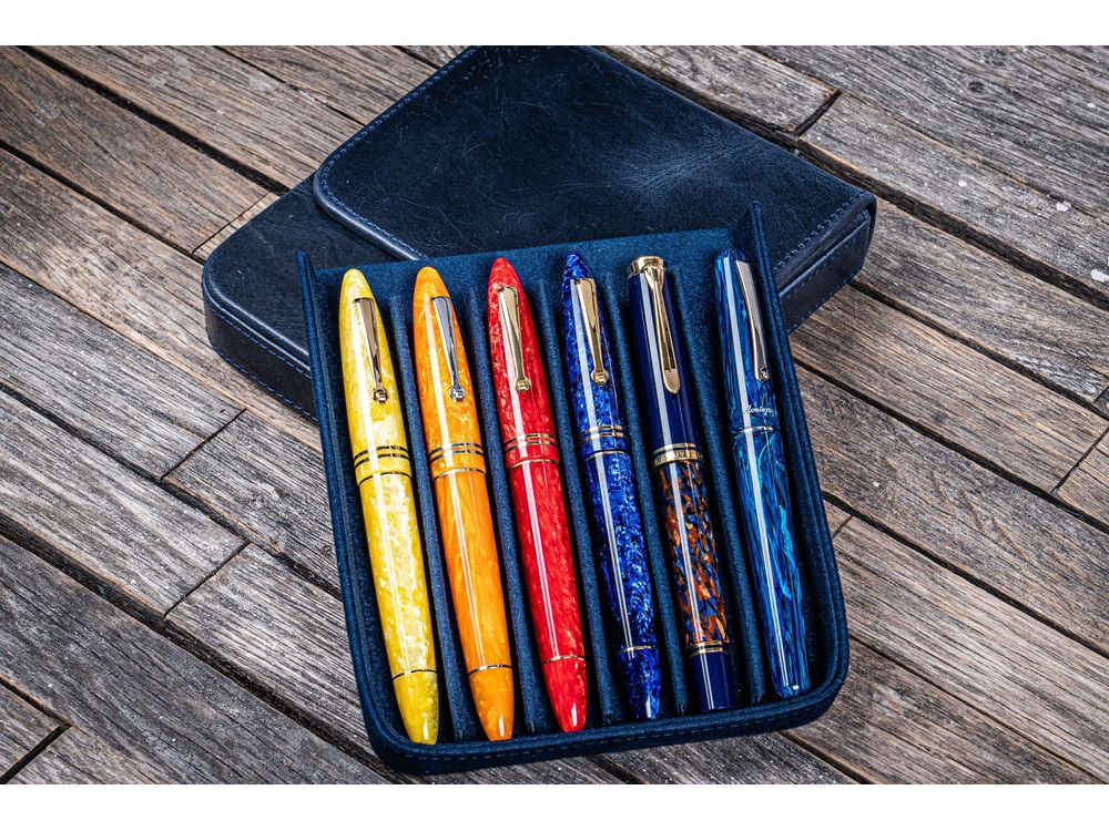 Galen Leather - Leather Magnum Opus 6 Slots Hard Pen Case with Removable Pen Tray - Crazy Horse Navy Blue - Image 2