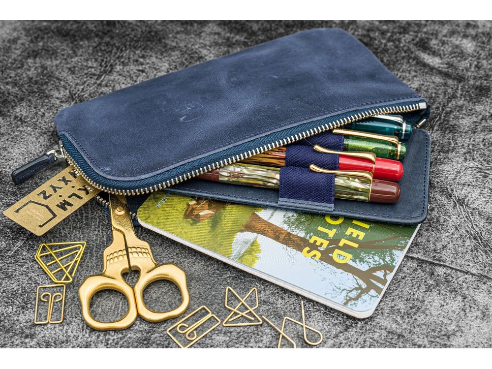 Galen Leather - Leather Slip-N-Zip 4 Slots Zippered Pen Pouch - Crazy Horse Navy Blue