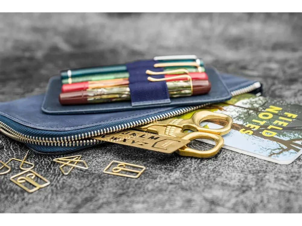 Galen Leather - Leather Slip-N-Zip 4 Slots Zippered Pen Pouch - Crazy Horse Navy Blue - Image 2