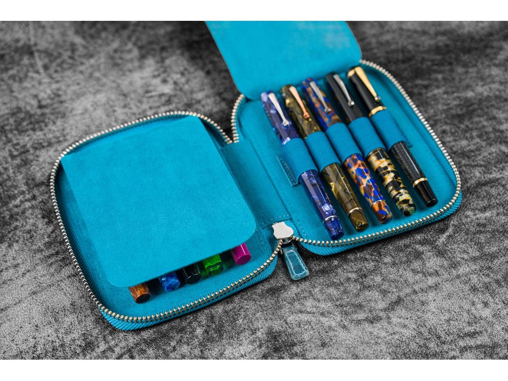 Galen Leather - Leather Zippered 10 Slots Pen Case - Crazy Horse Ocean Blue - Image 2