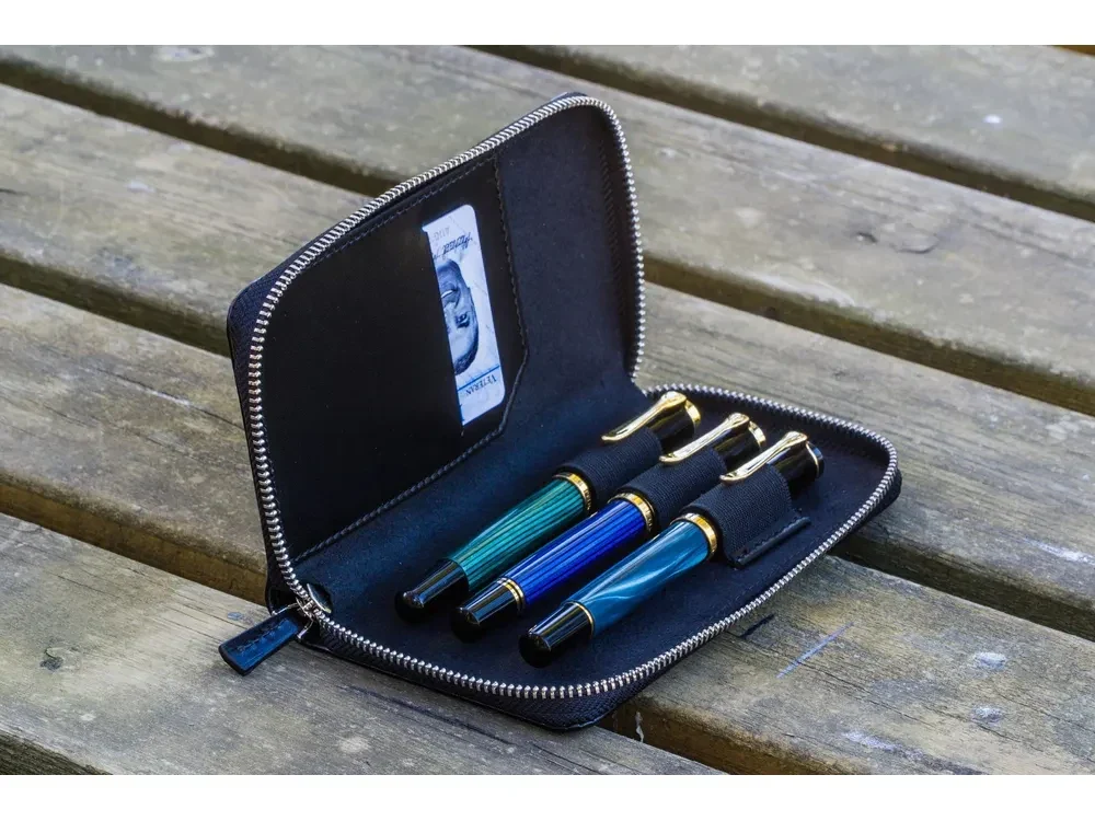 Galen Leather - Leather Zippered 3 Slots Pen Case - Black
