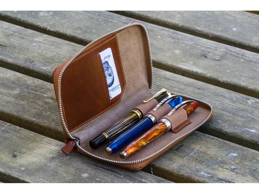 Galen Leather - Leather Zippered 3 Slots Pen Case - Brown