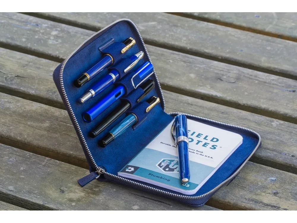 Galen Leather - Leather Zippered 5 Slots Pen Case - Navy Blue - Image 2