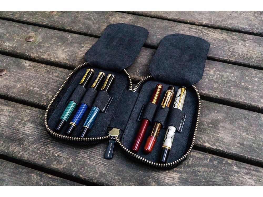 Galen Leather - Leather Zippered 6 Slots Pen Case - Black
