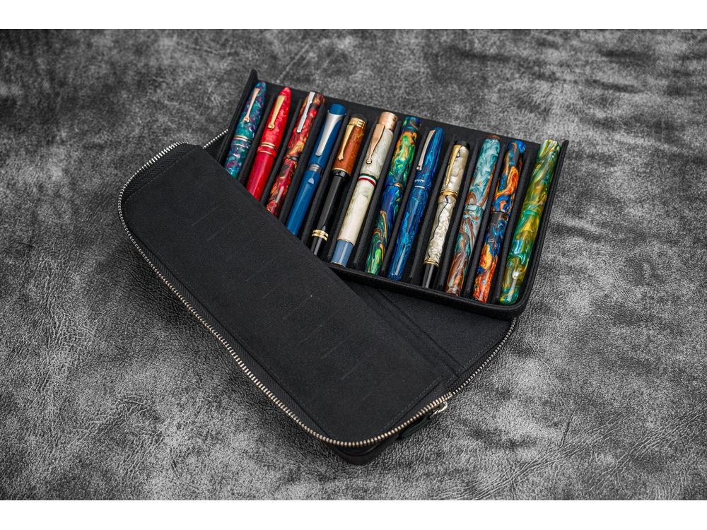 Galen Leather - Leather Zippered Magnum Opus 12 Slots Hard Pen Case with Removable Pen Tray - Black - Image 2