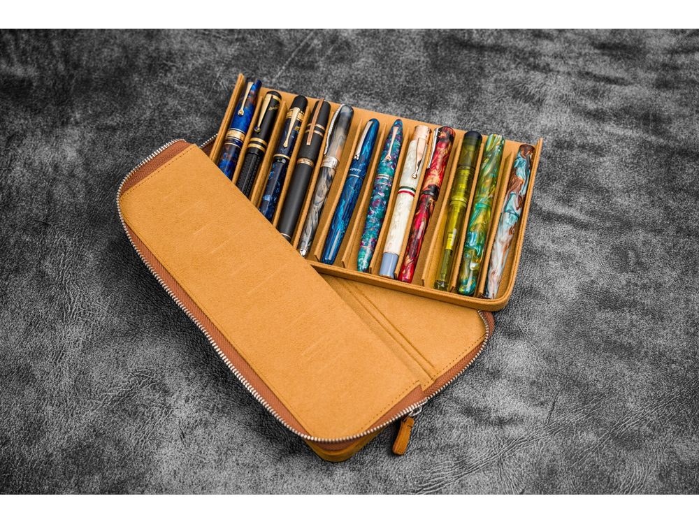 Galen Leather - Leather Zippered Magnum Opus 12 Slots Hard Pen Case with Removable Pen Tray - Crazy Horse Brown - Image 2