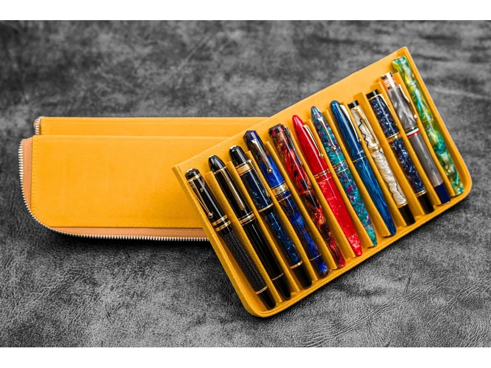 Galen Leather - Leather Zippered Magnum Opus 12 Slots Hard Pen Case with Removable Pen Tray - Crazy Horse Honey Ochre - Image 2