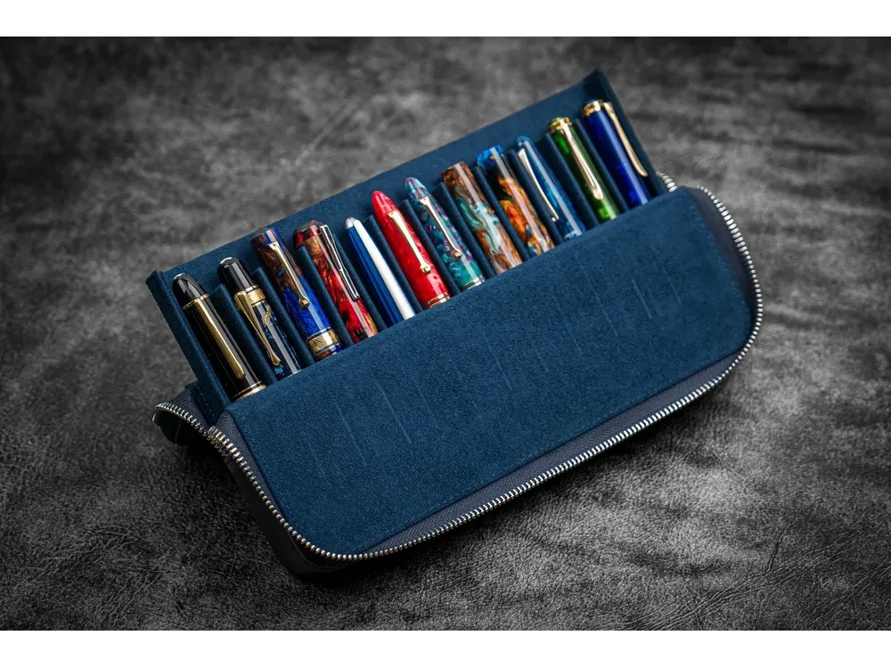 Galen Leather - Leather Zippered Magnum Opus 12 Slots Hard Pen Case with Removable Pen Tray - Crazy Horse Navy Blue