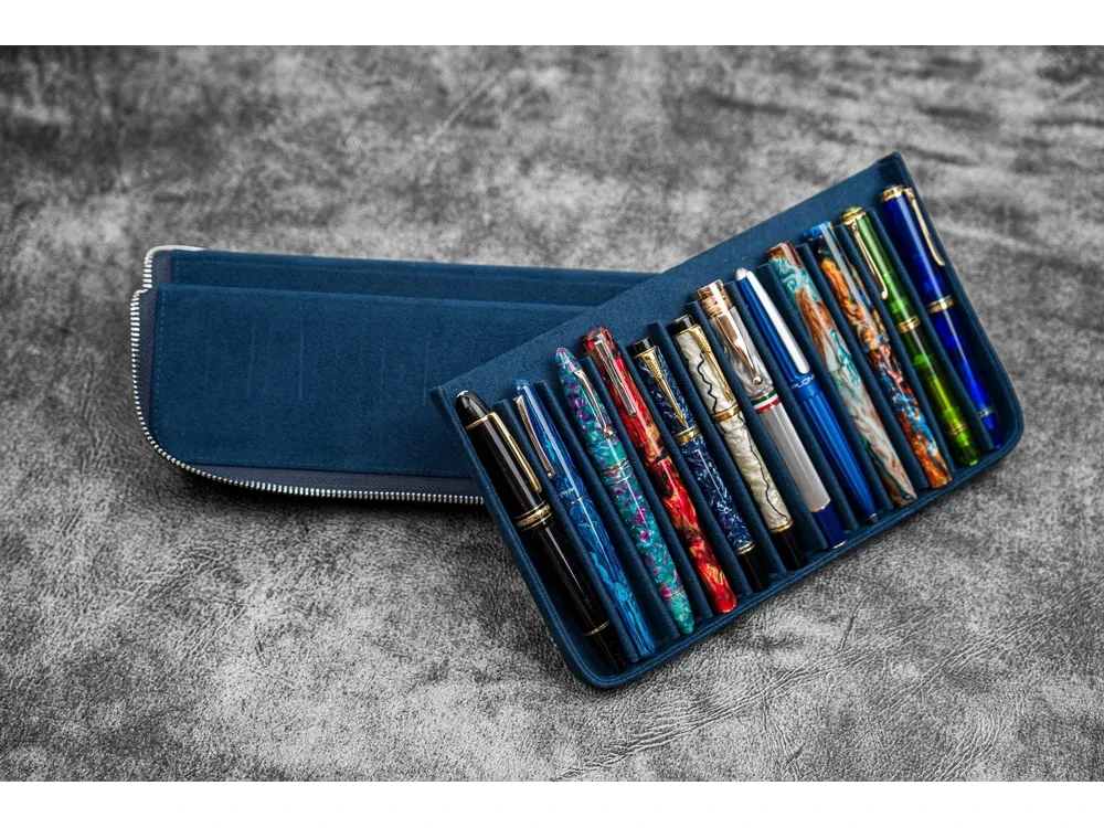 Galen Leather - Leather Zippered Magnum Opus 12 Slots Hard Pen Case with Removable Pen Tray - Crazy Horse Navy Blue - Image 2