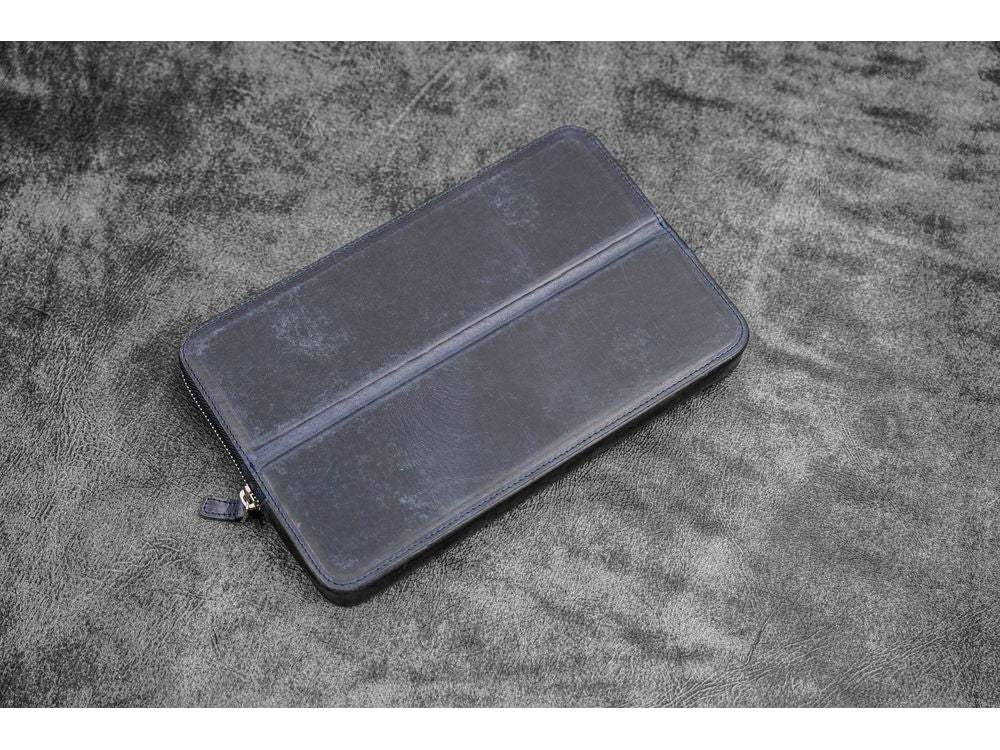 Galen Leather - Leather Zippered Magnum Opus 12 Slots Hard Pen Case with Removable Pen Tray - Crazy Horse Navy Blue - Image 3