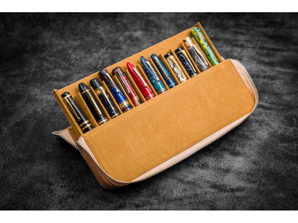 Galen Leather - Leather Zippered Magnum Opus 12 Slots Hard Pen Case with Removable Pen Tray - Undyed - Image 2