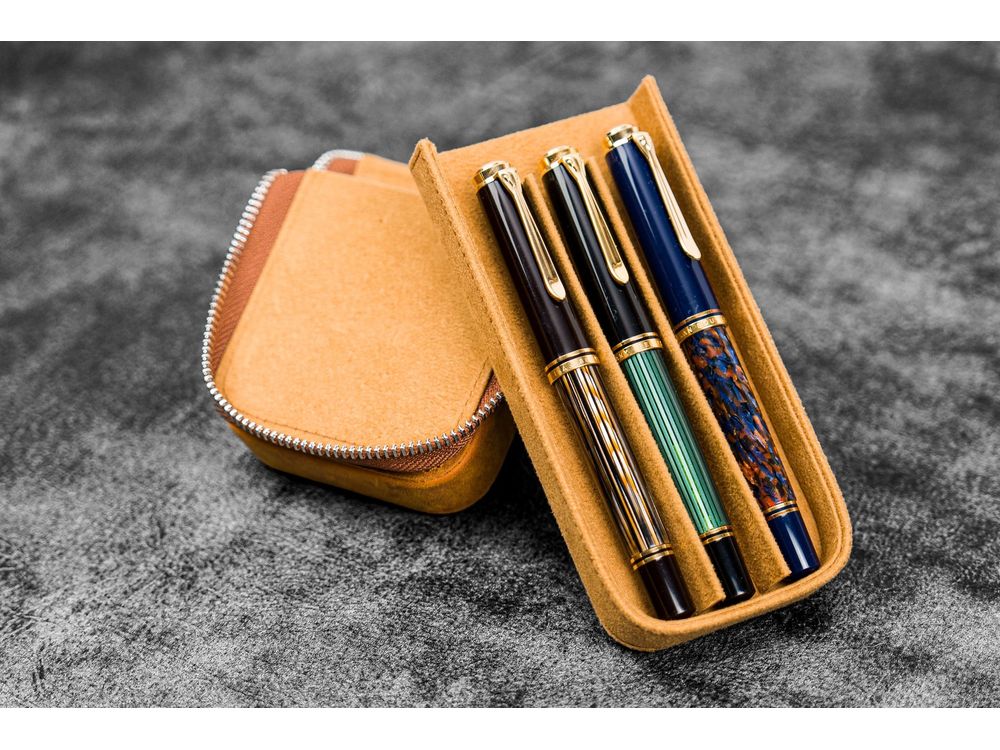 Galen Leather - Leather Zippered Magnum Opus 3 Slots Hard Pen Case with Removable Pen Tray - Crazy Horse Brown - Image 2