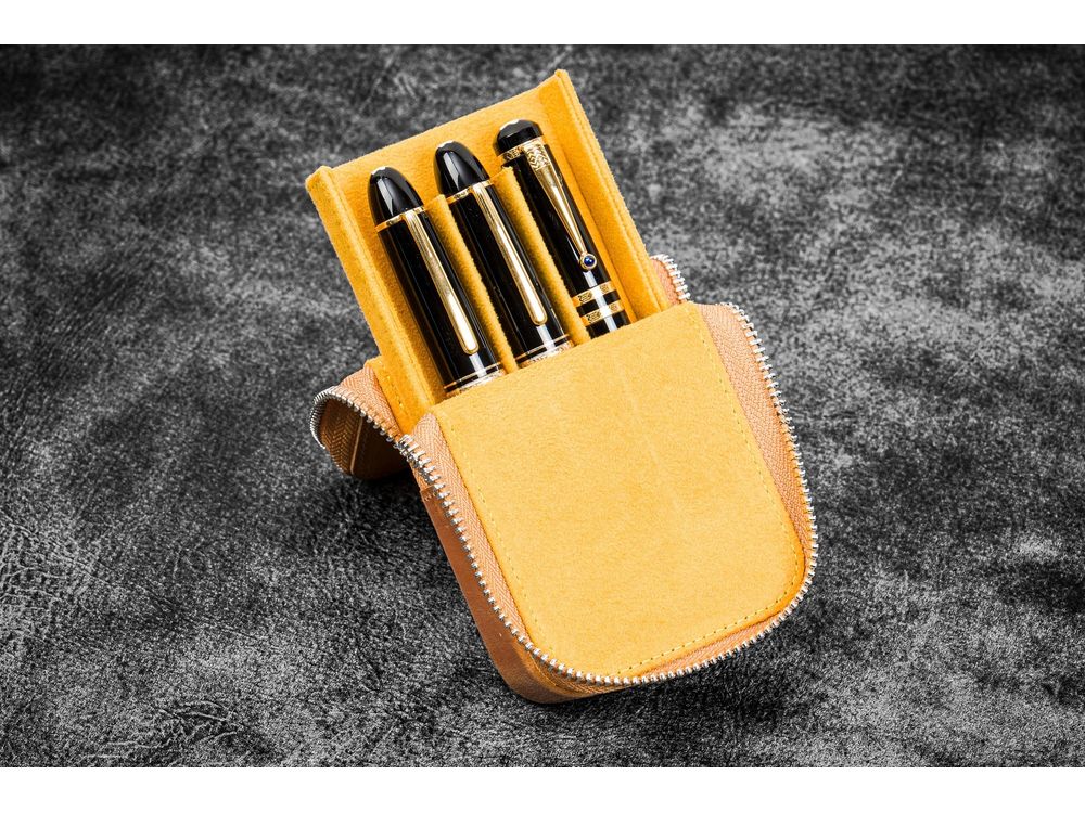 Galen Leather - Leather Zippered Magnum Opus 3 Slots Hard Pen Case with Removable Pen Tray - Crazy Horse Honey Ochre