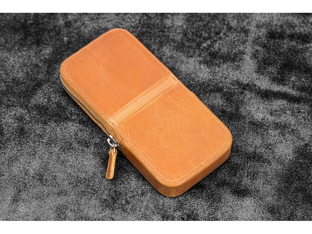 Galen Leather - Leather Zippered Magnum Opus 3 Slots Hard Pen Case with Removable Pen Tray - Crazy Horse Honey Ochre - Image 2