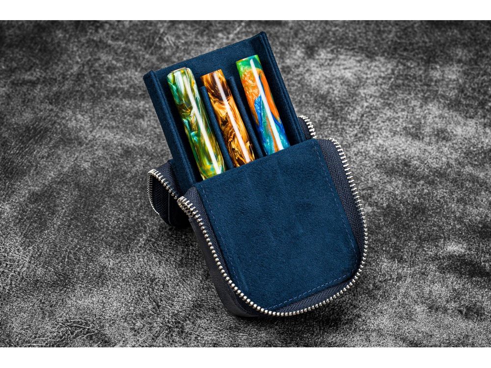 Galen Leather - Leather Zippered Magnum Opus 3 Slots Hard Pen Case with Removable Pen Tray - Crazy Horse Navy Blue