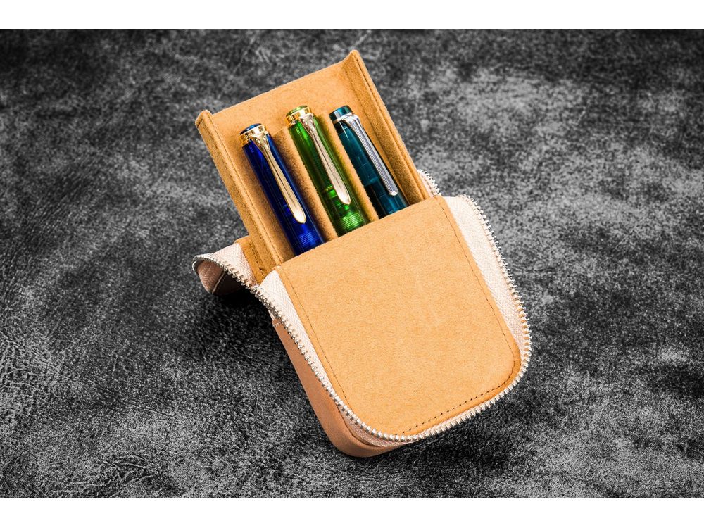 Galen Leather - Leather Zippered Magnum Opus 3 Slots Hard Pen Case with Removable Pen Tray - Undyed