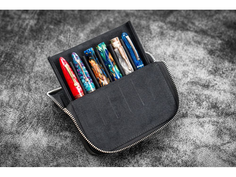 Galen Leather - Leather Zippered Magnum Opus 6 Slots Hard Pen Case with Removable Pen Tray - Black