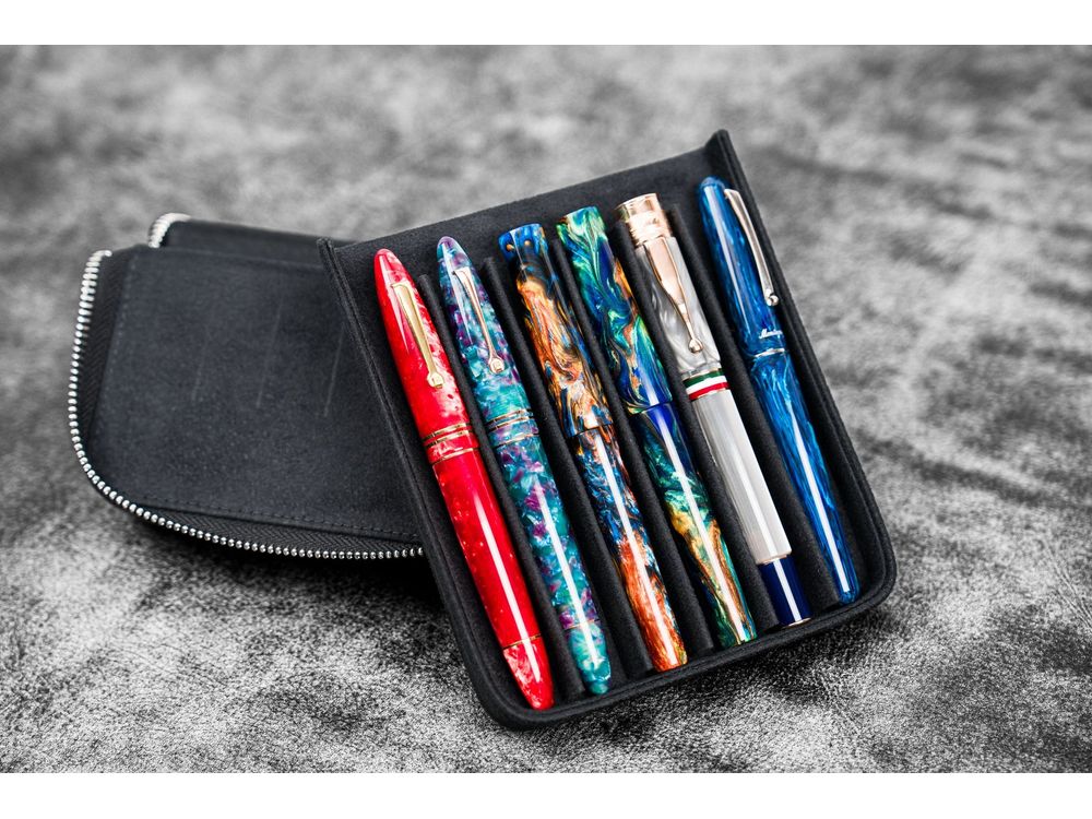 Galen Leather - Leather Zippered Magnum Opus 6 Slots Hard Pen Case with Removable Pen Tray - Black - Image 2