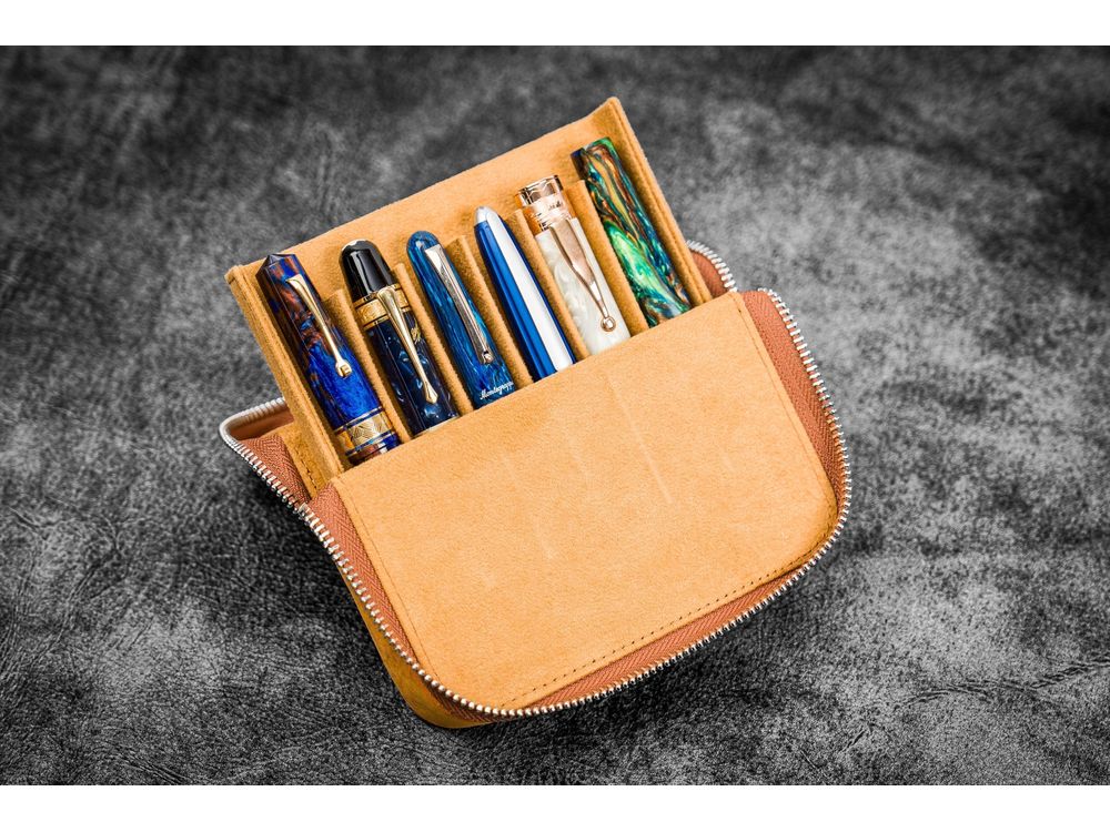 Galen Leather - Leather Zippered Magnum Opus 6 Slots Hard Pen Case with Removable Pen Tray - Crazy Horse Brown