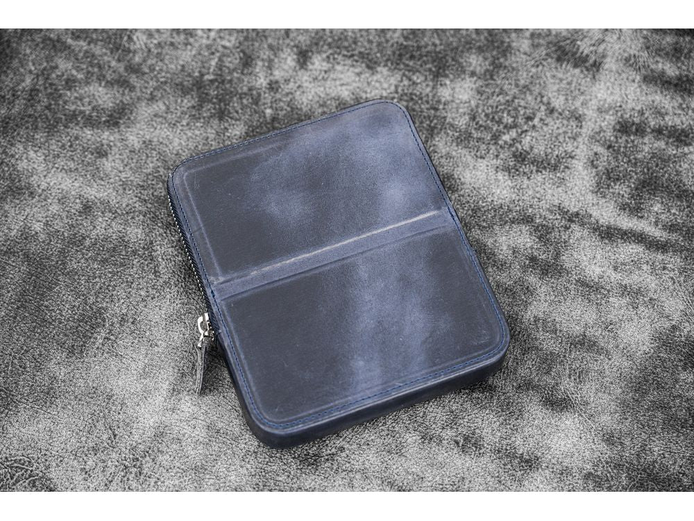 Galen Leather - Leather Zippered Magnum Opus 6 Slots Hard Pen Case with Removable Pen Tray - Crazy Horse Navy Blue - Image 3