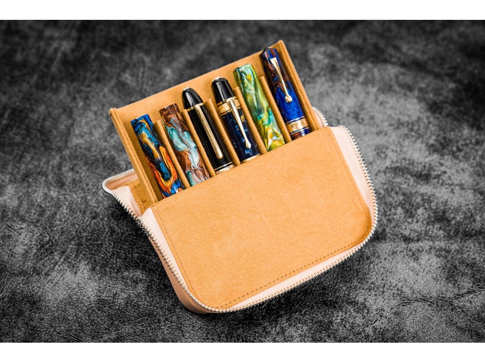 Galen Leather - Leather Zippered Magnum Opus 6 Slots Hard Pen Case with Removable Pen Tray - Undyed
