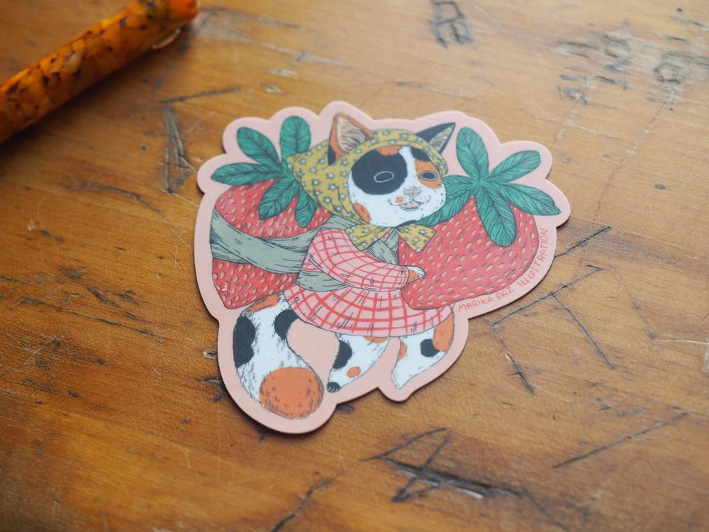 Marika Paz Illustration - Vinyl Sticker - Strawberry Cat