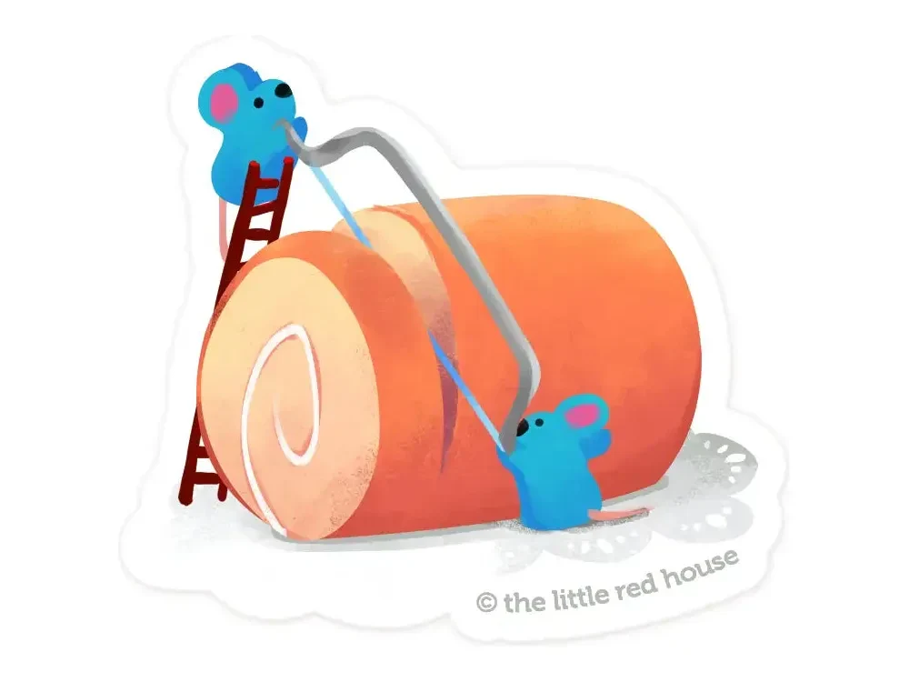 The Little Red House - Vinyl Sticker - Roll Cake with Mice