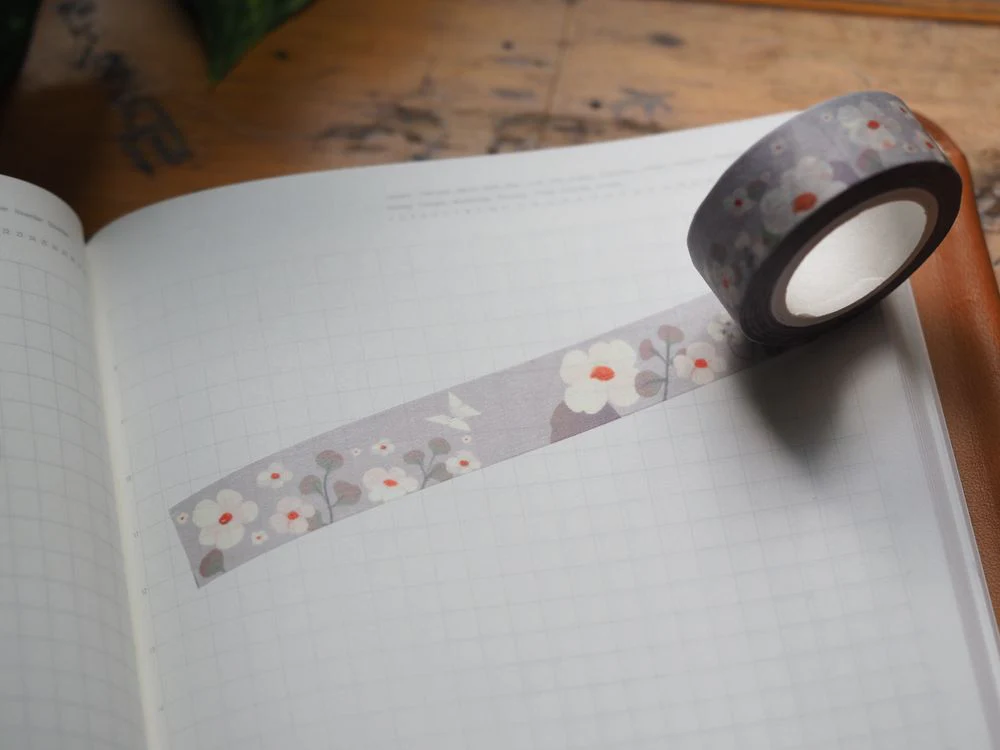 The Little Red House - Washi Tape - Gray Color Floral with Origami Butterfly